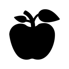 Black silhouette of a simple apple with leaves, isolated on white background