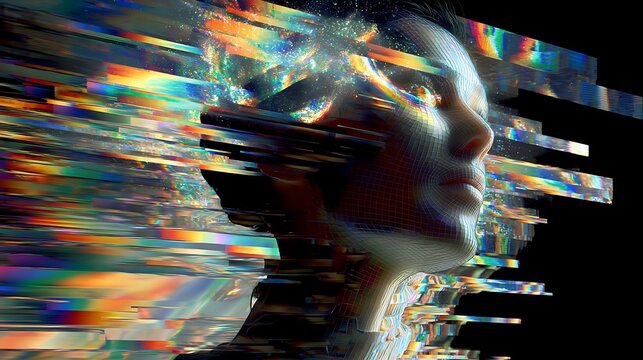 Symbolic illustration of cognitive overload, brain emitting holographic data fragments, glitch transitions, digital storm atmosphere, cinematic lighting, 