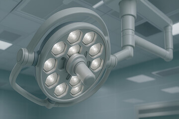 Photorealistic operating room, twin LED surgical light domes on articulated arms, anesthesia machine and monitor tower (screens abstracted), stainless Mayo stand and instrument cart neatly parked