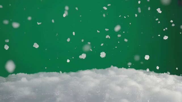 Crisp winter snowfall gently falling against a vibrant emerald backdrop, creating a tranquil and captivating scene, perfect for seasonal projects