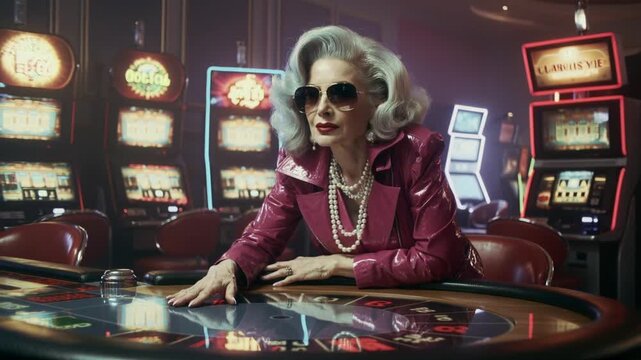 A glamorous older woman with silver hair and pearls leans over a roulette table in a neon-lit casino, exuding confidence and retro Vegas charm.