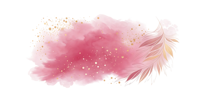 Pink Watercolor Smudge with Gold Stars and Feather Detail on Abstract Background graphic design isolated on a transparent background