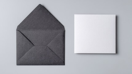 Open dark gray envelope next to a white square card on a gray background