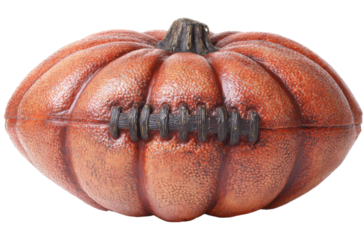 A stitched pumpkin resembling a football, showcasing a textured surface and a dark stem, merging seasonal and sports themes.
