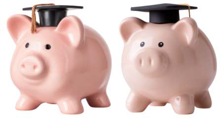Two piggy banks wearing graduation caps symbolize savings and education.