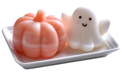 A playful, pastel-colored pumpkin and ghost dessert displayed on a white plate, designed for festive occasions.