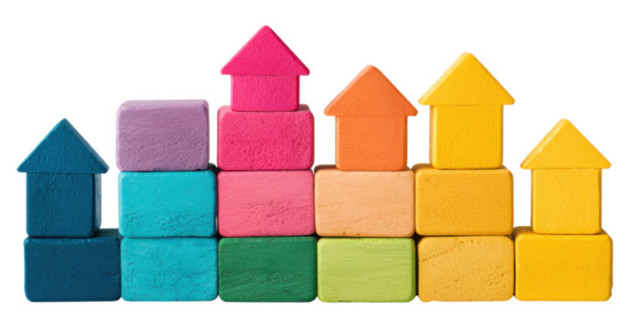 A colorful arrangement of building blocks shaped like houses, showcasing a gradient of vibrant colors and varying heights.
