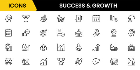 Success and growth web icons inline style. Handshake, growth profit, innovation, increase sale, coaching, progress, strategy, achievement, collection. Vector illustration.