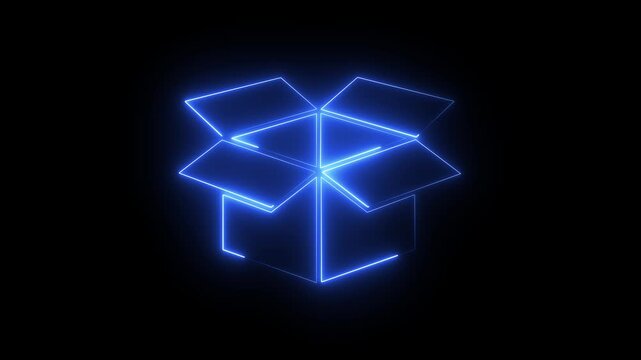 glowing neon line Open box neon box package delivery service. Gift box icon. card box icon ,packing box , cartoon box animation . parcel box icon. shipping and logistics box parcel E-commerce concept.