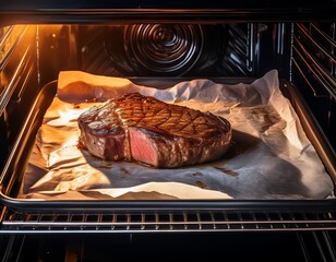 juicy steak cooking in oven on baking paper culinary delights
