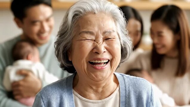 Joyful Asian Grandmother Laughing with Multi Generational Family in Soft Natural Light During a Casual Gathering Indoors