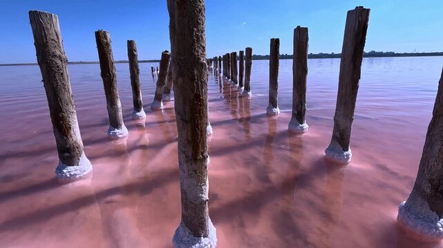 Sodium Chloride crystallized on the bottom and wooden poles