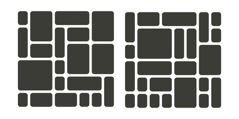 Abstract grid layout with varied dark gray rectangular shapes and rounded corners on a white surface