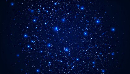 A vibrant, abstract image features a deep blue background speckled with numerous glowing, cyan-colored particles, reminiscent of stars. The points of light vary in size