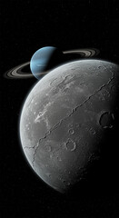 Saturn’s Rocky Moon: A Stunning View of a Cratered Surface Before Saturn and Its Rings in Deep Space