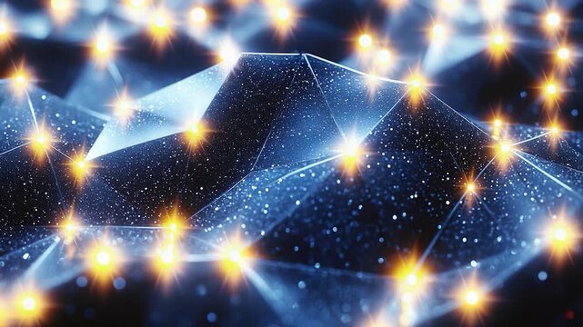 A bunch of blue and white string lights illuminate a dark room