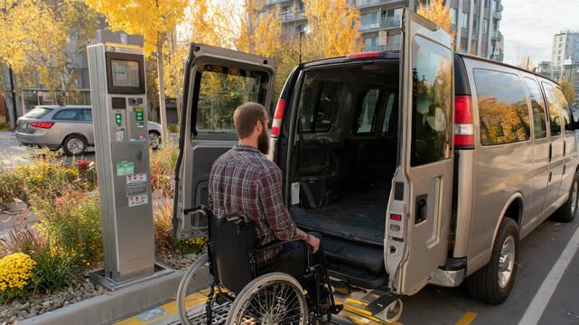Man in Wheelchair Using Accessible Van with Ramp at Parking Meter in Urban Environment During Autumn