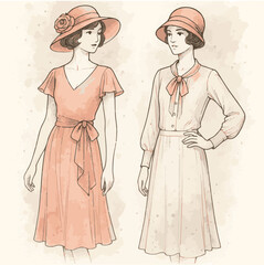 Vintage Inspired Ladies in Elegant Gowns and Classic Hat Vector
