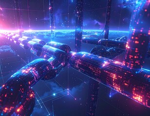 Futuristic digital network over a stylized celestial environment