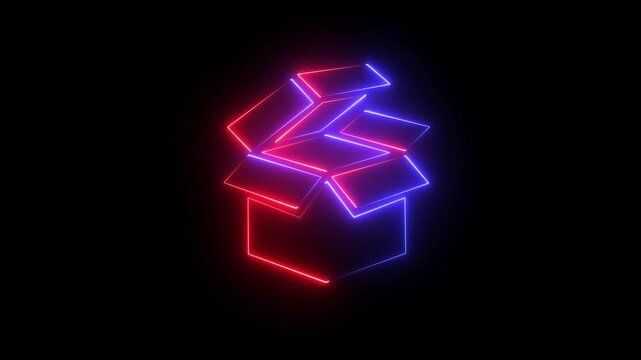 glowing neon line Open box neon box package delivery service. Gift box icon. card box icon ,packing box , cartoon box animation . parcel box icon. shipping and logistics box parcel E-commerce concept.