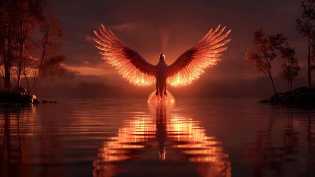Majestic Phoenix Rising From Water, Wings Spread Wide, Fiery Glow, Reflection on Lake, Fantasy Landscape, Dusk Setting