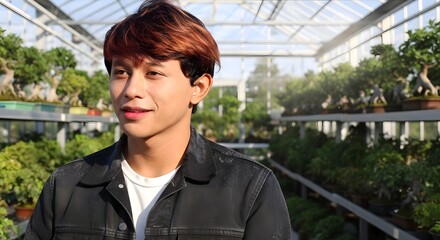Man in greenhouse with bonsai trees looking to the side with a black jacket and red hair color