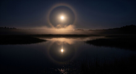 Mist and Moon_Wetland landscape under full moon, faint mist creating soft glowing halo, reflection visible World Wetlands Day