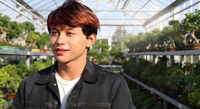 Man in greenhouse with bonsai trees looking to the side with a black jacket and red hair color
