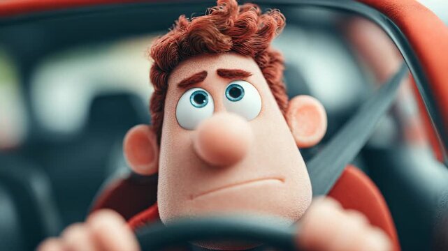 Cartoon Man Driving a Car with Seatbelt, Concerned Expression, Animated Character Illustration, Transportation Safety Concept