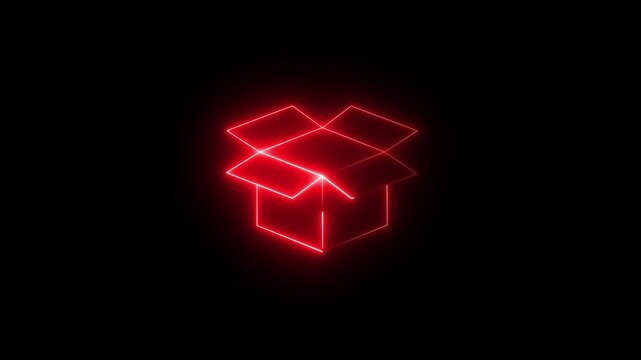 glowing neon line Open box neon box package delivery service. Gift box icon. card box icon ,packing box , cartoon box animation . parcel box icon. shipping and logistics box parcel E-commerce concept.