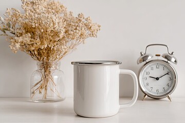 White enamel mug on a table next to dried flowers in a vase and a silver alarm clock