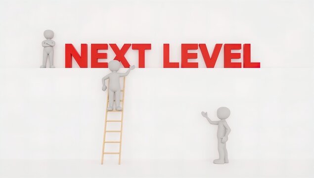 Three Minimalist 3d Figures Collaborating to Achieve, One Climbing a Ladder Towards the Red next Level Text, Depicting Ambition and Growth - Powered by Adobe