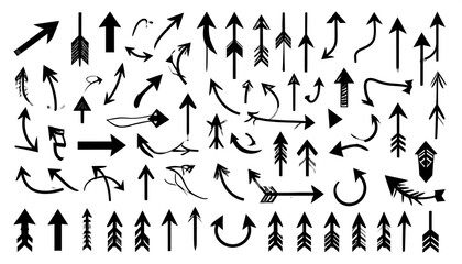 Collection of black arrows in various shapes and styles, pointing in different directions