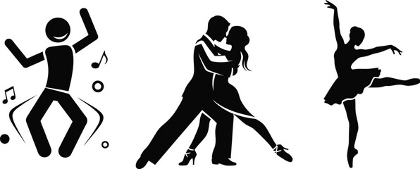 Pictogram dancer stick figure icon set. Black pictogram party dancing people, tango couple, ballet woman. Vector illustration