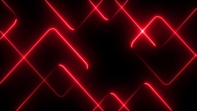 A glowing vibrant abstract background featuring dynamic neon line patterns in shades of red .Glowing neon line light Black Background .Neon red laser lines animation. 4k motion graphics video .