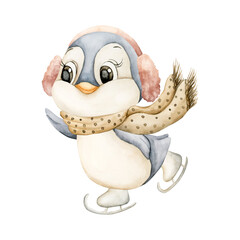 Cute Penguin skating with Scarf Earmuffs. Watercolor hand drawn illustration isolated on white background winter design