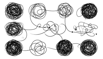 Collection of black, scribbled, circular designs connected by lines. Abstract tangled shapes