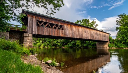 Historic Wooden Covered Bridge Spanning a Serene River on a Bright Summer Day.