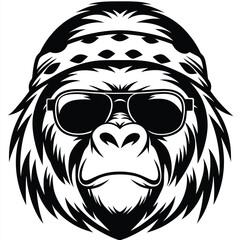 Monochrome gorilla face wears sunglasses and a patterned bandana for a modern style