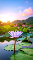 Close-up of a serene water lily with a light purple hue, set against a scenic pond backdrop