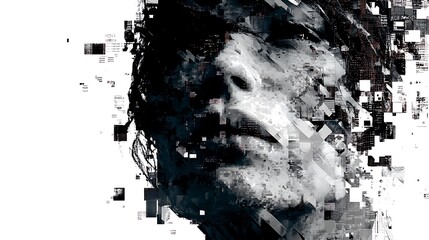 Human face disintegrating into pixels and code fragments, glitch transition effect, cyber-fantasy illustration, high-detail texture, 