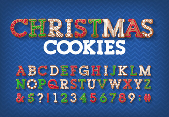 Christmas Cookies alphabet font. A colorful cartoon letters and numbers. Christmas holiday vector illustration for your creative typography projects.