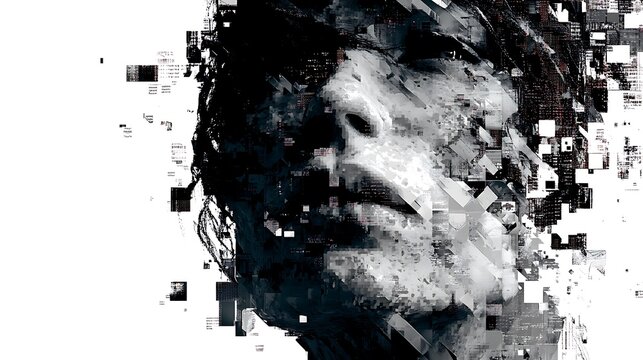 Human face disintegrating into pixels and code fragments, glitch transition effect, cyber-fantasy illustration, high-detail texture, 