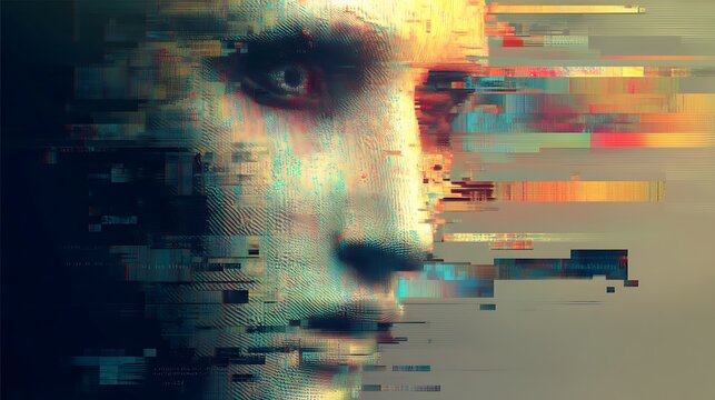 Human face disintegrating into pixels and code fragments, glitch transition effect, cyber-fantasy illustration, high-detail texture, 