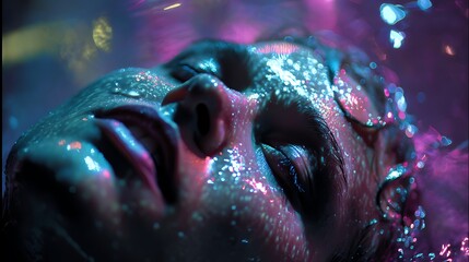 Portrait of a person drowning in holographic data rain, static distortions and code reflections on skin, neon violet and cyan glow, dark futuristic city, 