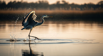 Wings of Dawn_A lone heron taking off from the glassy surface, droplets scattering mid-air. World Wetlands Day