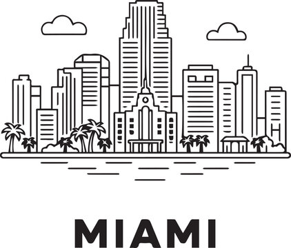 Minimalist Miami City Skyline Line Art Illustration