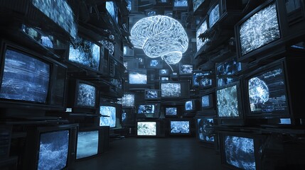 Concept of data saturation, human brain connected to multiple glowing monitors, information streams flooding the space, chaotic cyberpunk lighting, 