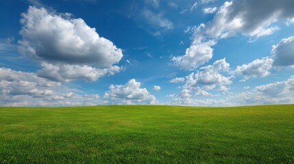Fototapeta premium Vast green meadow under a bright blue sky with fluffy white clouds