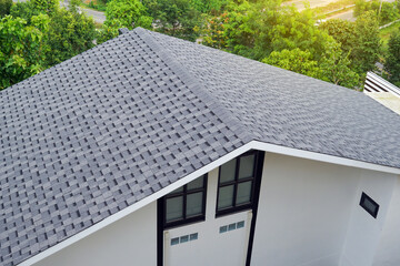 High-angle view of a modern house's steep gray asphalt shingle roof, surrounded by lush green trees.